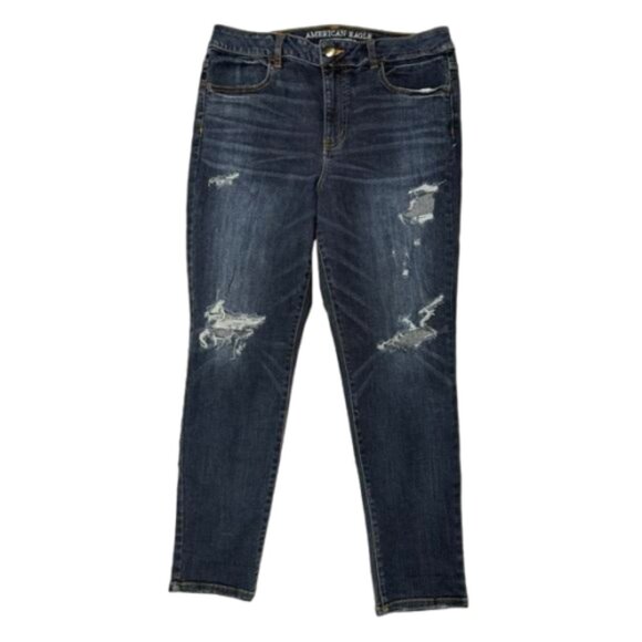 American Eagle Dark Wash Distressed Hi Rise Jegging Jeans Size 14 Short # 1981 - Picture 1 of 11